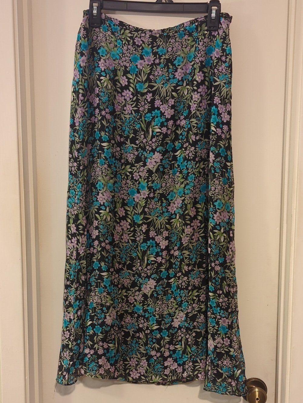 Laura Ashley Black Maxi Skirt with Teal, Lavender & Green Floral Print